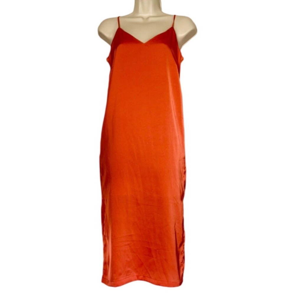 NEW Shinestar Womens Burnt Orange Satin Slip Dress V-Neck Spaghetti Strap XS